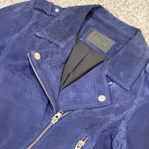 SL8 Navy‎ Blue Suede Leather Cropped Biker Jacket Womens Size L 18 P2P x 20 L